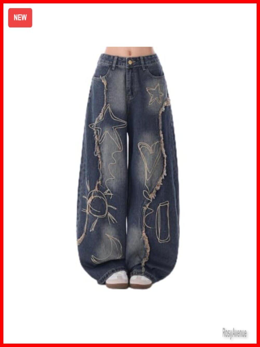 Baggy Barrel Star Embroidered Low Rise Wide Leg Jeans Loose Fit